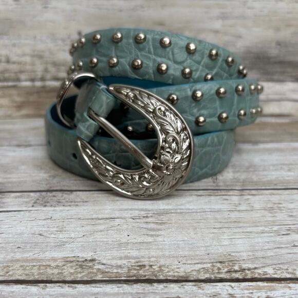 IZOD Leather Belt Sz XL Blue Studded Embossed Western Boho Cowgirl 36” - Picture 1 of 12